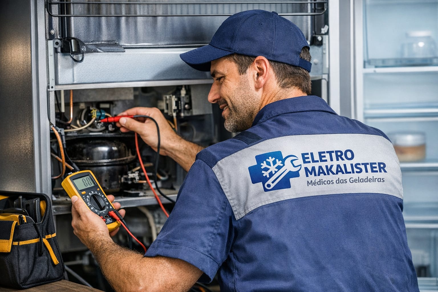 Técnico consertando geladeira em Criciúma